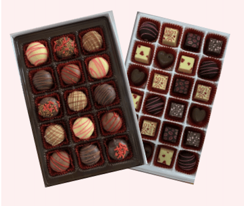 A box of chocolates with different types of chocolates.