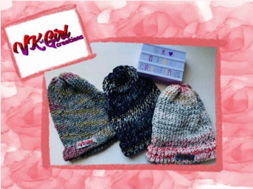Three knitted beanie hats on a pink background.