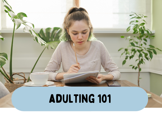 A woman seated at a table with the text "Adult 101" showcasing her Clubhouse Membership.
