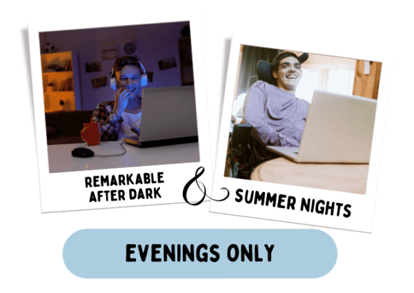 Two people using laptops in separate photos, one in a dim room and one in daylight, with text: "Remarkable After Dark & Summer Nights. Evenings Only—exclusive for Clubhouse Membership.