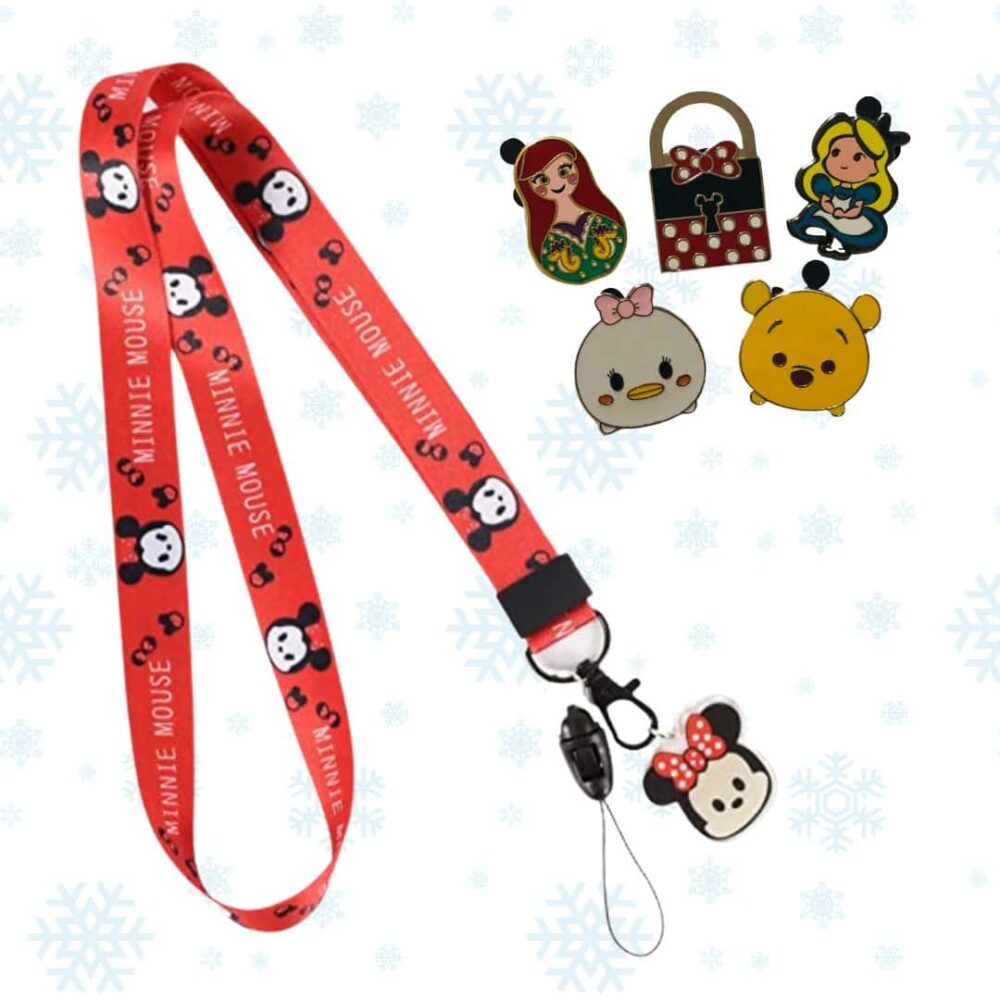 A Minnie Mouse Lanyard Pin Pack (Lanyard + 5 Mystery Pins) with disney characters on it.