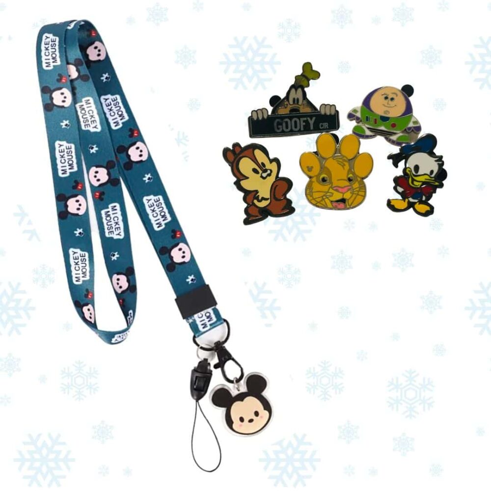 A Mickey Mouse Lanyard Pin Pack with Mickey Mouse and Disney characters on it. This lanyard also includes a pin pack featuring Disney characters.