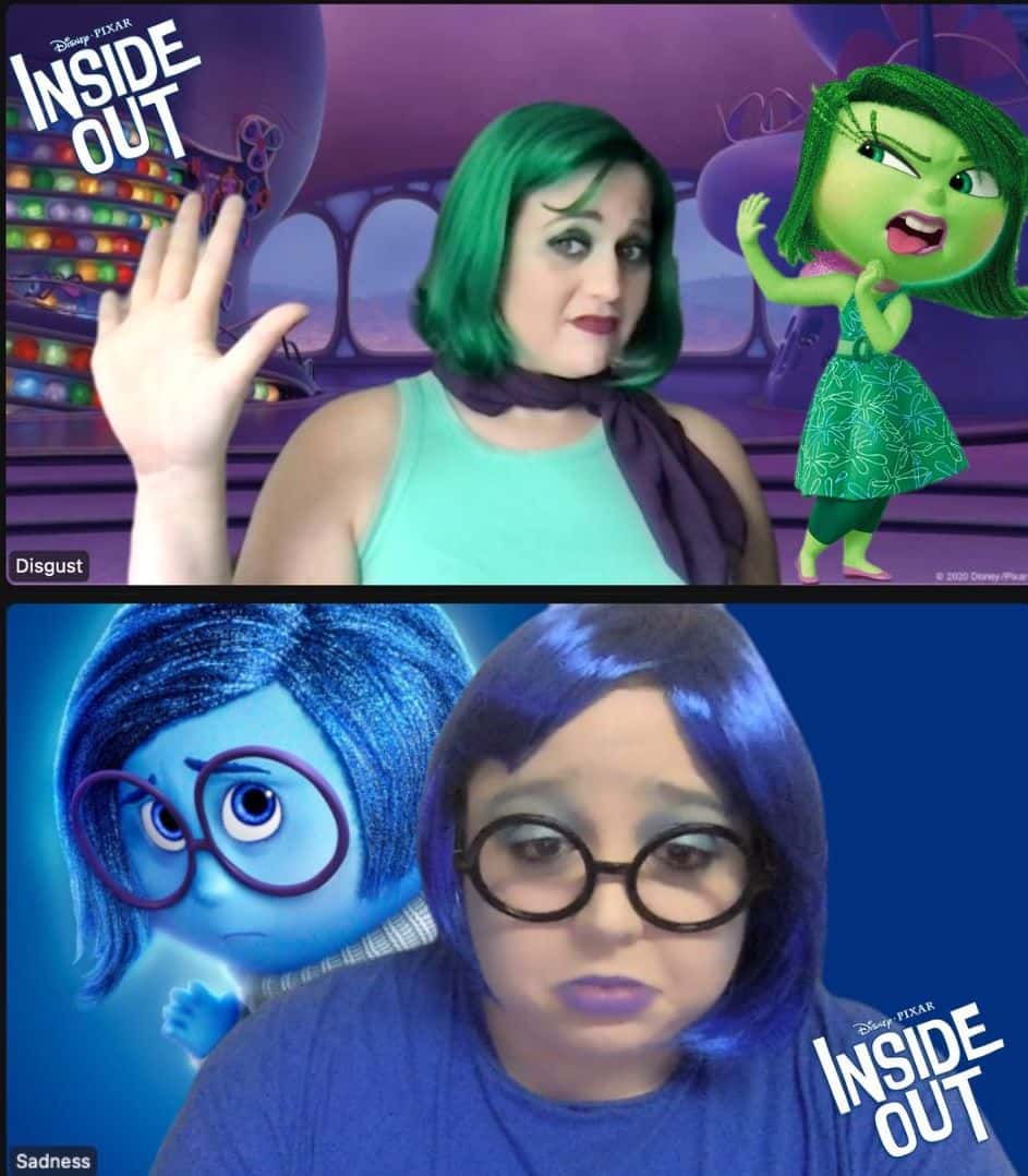 Two pictures of a woman with green hair and a woman with blue hair.