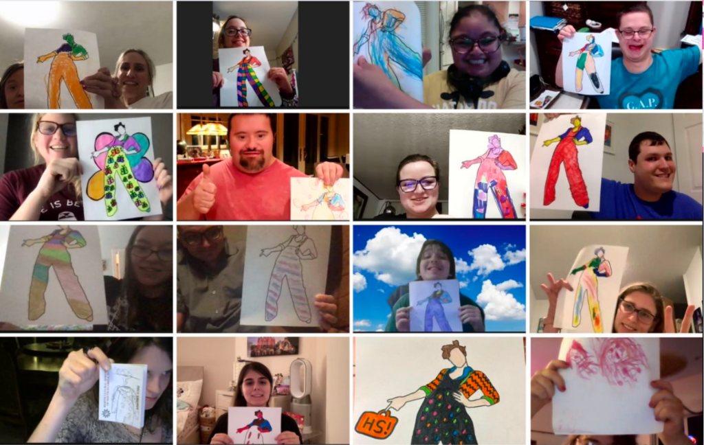 A collage of pictures of people holding up drawings.