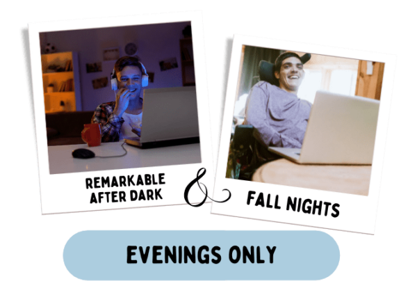A picture of a Remarkable After Dark + Fall Nights (Evenings Only) laptop and a picture of a man with a laptop.