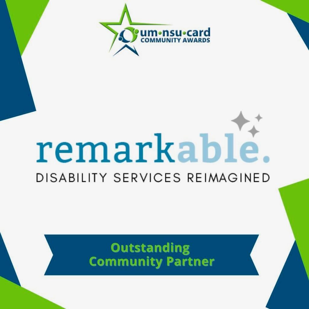 A blue and green logo with the words'remarkable disability services rebranded'.