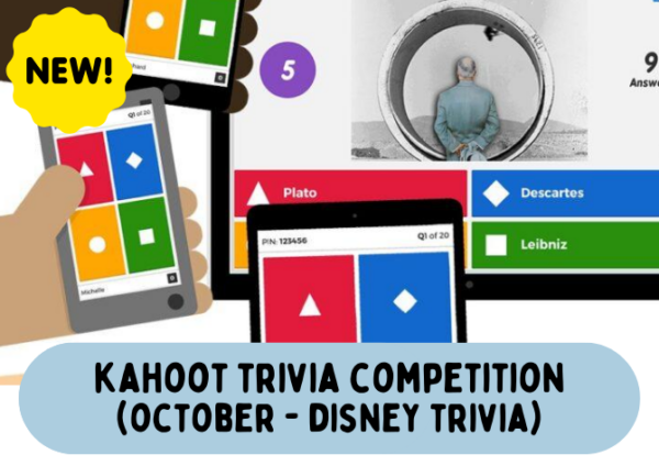 A digital flyer advertises a new Disney-themed Kahoot trivia competition, featuring images of quiz screens on various devices and highlighting exclusive access for Clubhouse Membership holders.