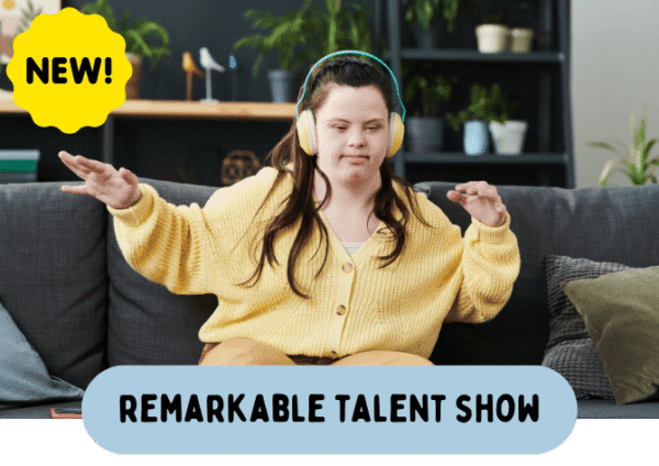 A young woman wearing headphones and a yellow sweater sits on a couch with her arms raised. Text reads "NEW! Remarkable Talent Show—now open to Clubhouse Membership holders.