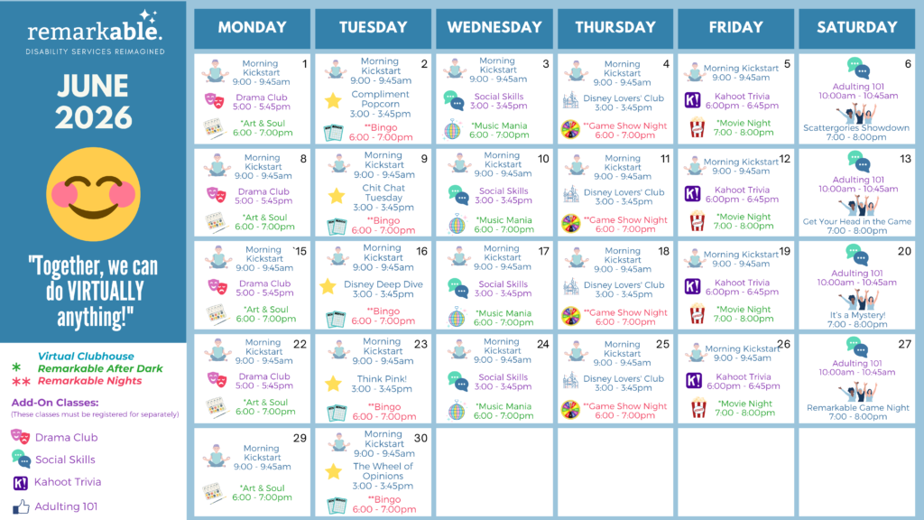 June 2026 calendar with daily virtual events for a disability services group, including clubs, classes, trivia, and social gatherings, color-coded by activity type.