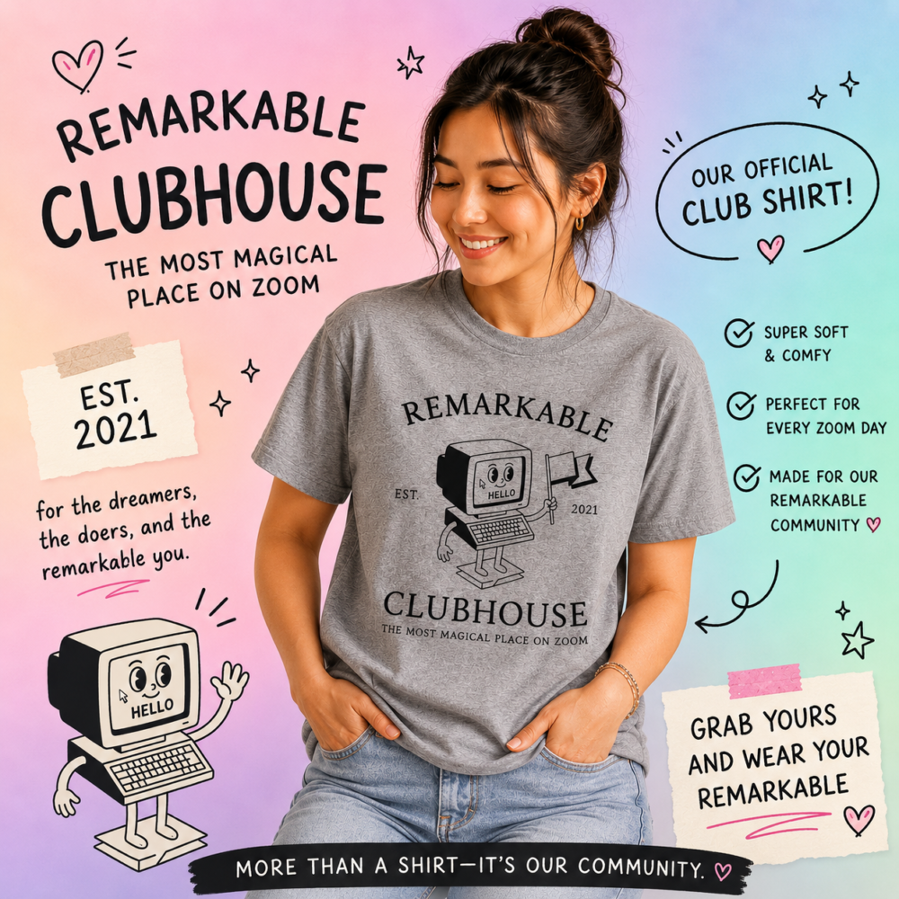 A woman smiles in a gray *NEW* Remarkable Clubhouse "Retro" T-Shirt, surrounded by club branding and illustrations highlighting the shirt's features.