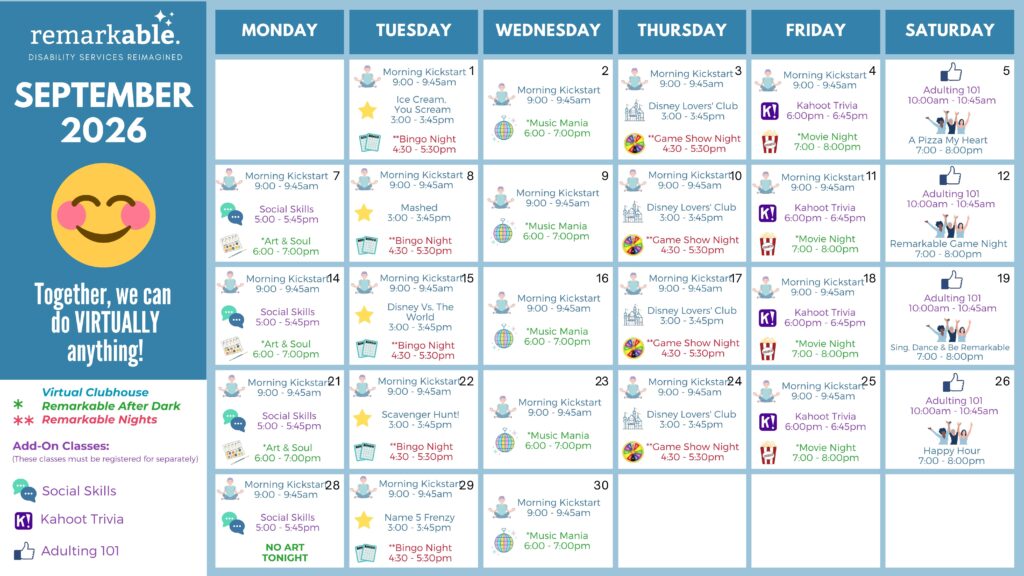 September 2026 virtual event calendar for Remarkable Disability Services, listing daily activities like kickstart meetings, social clubs, art, trivia, and themed events.