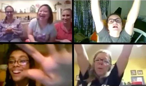 Four women appear on a video call in separate frames, with some smiling, laughing, and raising their arms in celebration or excitement.